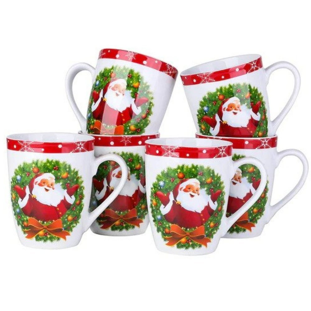 6 PACK Christmas Mug Set Porcelain Holiday Santa Tea Coffee Cups Mugs Gift Set